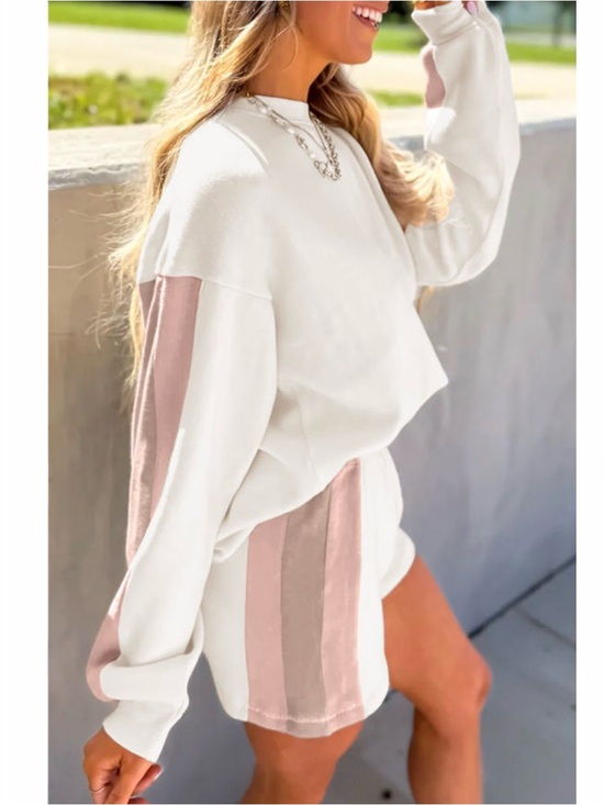 Skull & Arrow Shop Tops - White Color Block Patchwork Drop Shoulder Pullover 2 piece Outfit